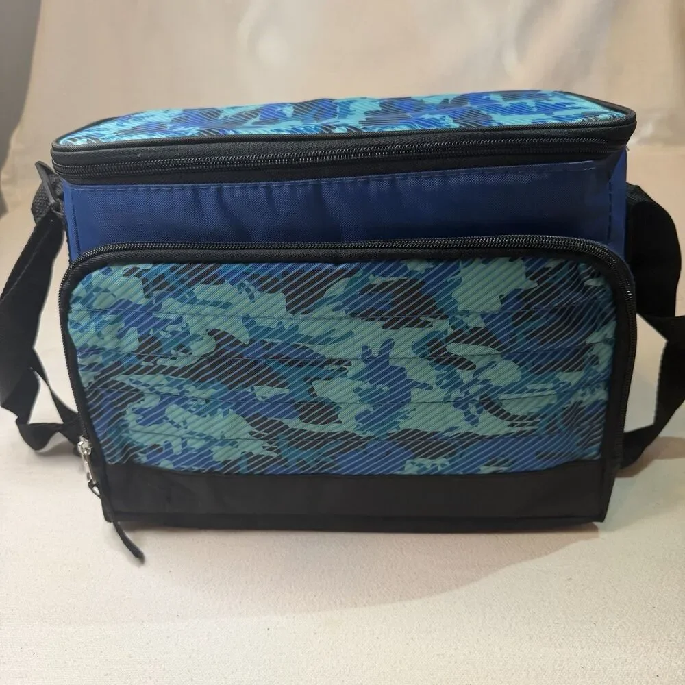 LIFOAM Insulated Zippered Lunch Bag/Cooler – Blue Camo– Front Pocket Brand New